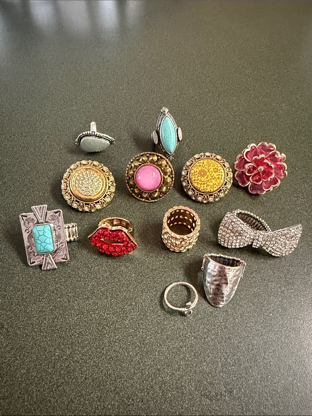 Assorted Women's Statement Rings - Pink, Turquoise, Red, Gold, Silver 12 Piece R